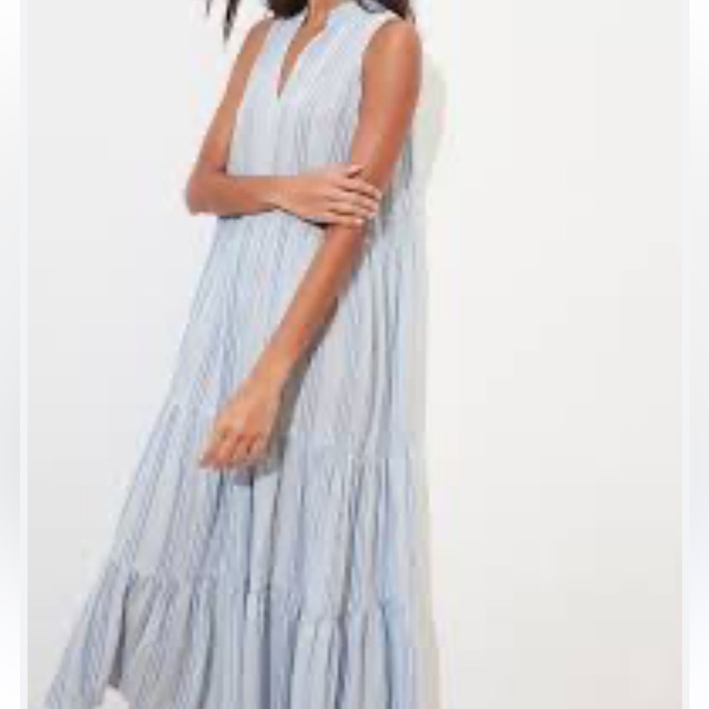 BR Blue Striped Maxi Dress Sleeveless Vneck Gauze Rayon Viscose Tiered
